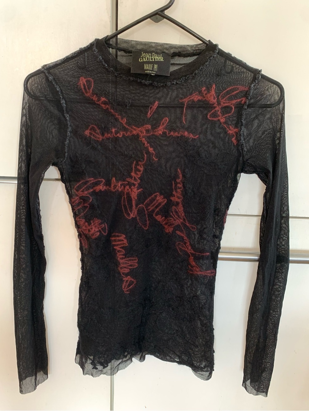 Jean Paul Gaultier Maille Archival Vintage Embroidered Mesh Top Cursive Script S